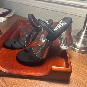 Stunning Size 7 JEFFERY CAMPBELL black sandals with clear acetate heel